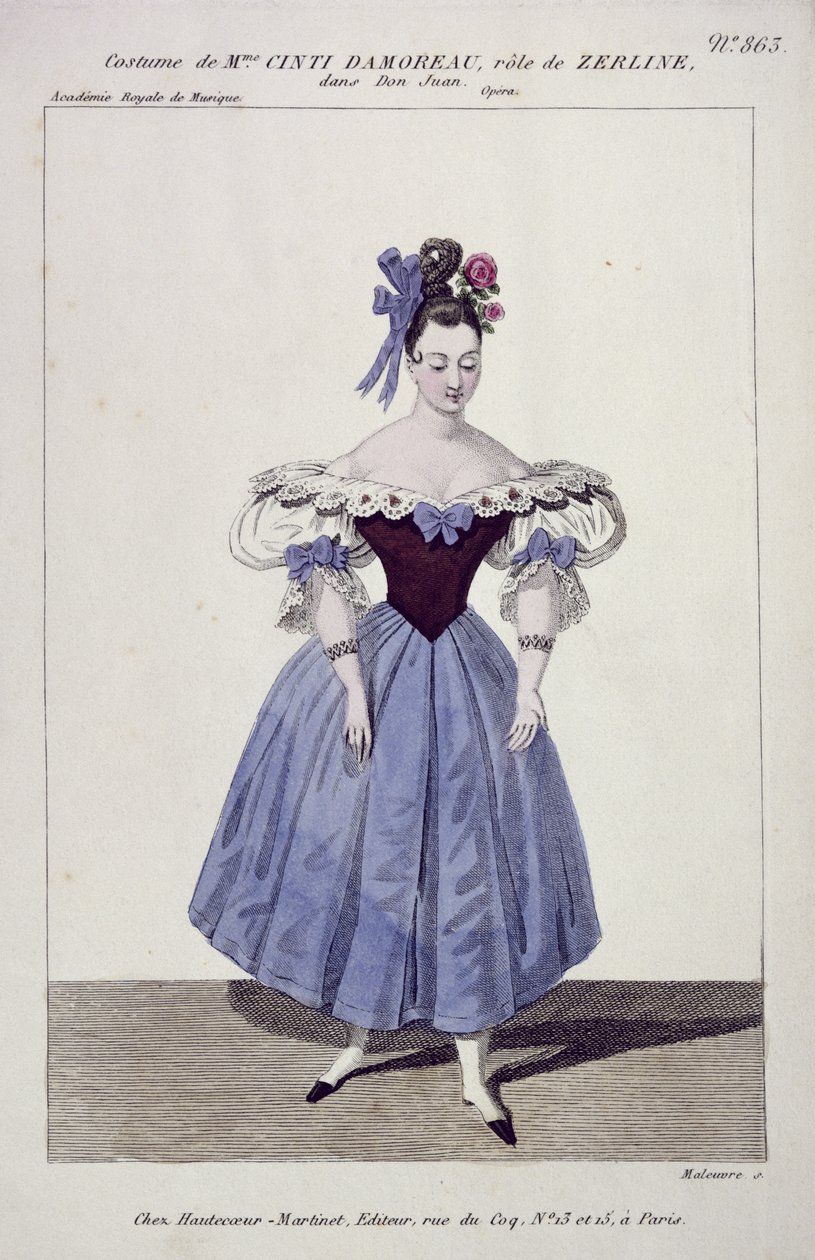 Kostyme for Madame Cinti Damoreau i rollen som Zerlina i Don Giovanni, gravert av Maleuvre, trykt av Hautecoeur-Martinet av French School