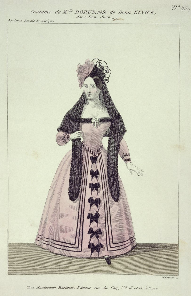 Kostyme for Mademoiselle Dorus i rollen som Donna Elvira i Don Giovanni, gravert av Maleuvre, trykt av Hautecoeur-Martinet av French School