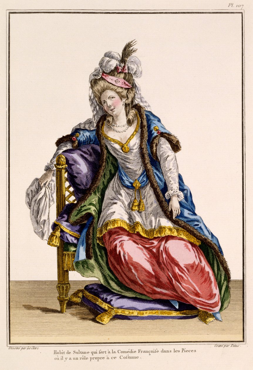 Kostyme til sultanens kone i La Comedie Francaise, trykk laget av Patus (håndfarget gravering) av French School