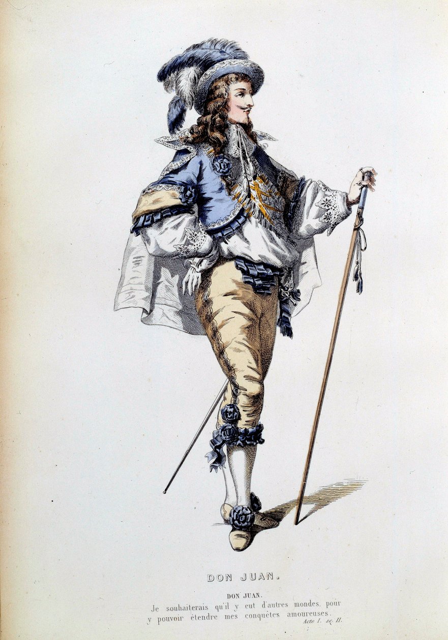 Kostyme for karakteren til Don Juan i scene 2 i akt I av det homonyme stykket av Jean Baptiste Poquelin dit Moliere (1622-1673). Gravering av Paris fra 1800-tallet, Comedie francaise av French School