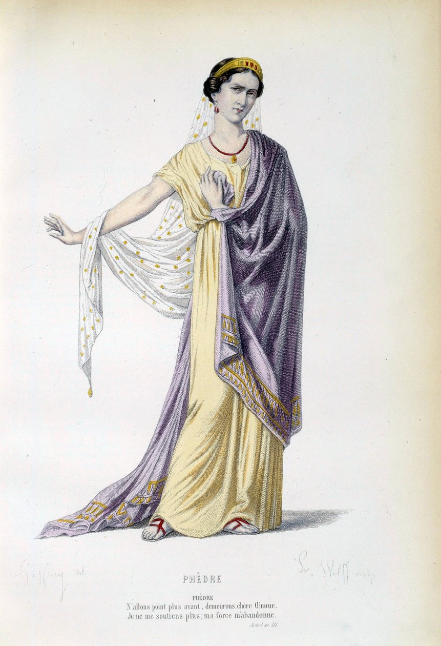 Kostyme for karakteren Phedre i stykket med samme navn av Jean Racine (1639-1699) Paris fra 1800-tallet, fransk komedie av French School