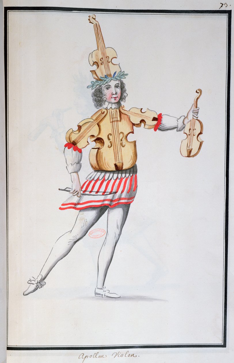 Kostyme av Apollo-fiolin for Ballet de la Nuit av Jean-Baptiste Lully (1632-87) danset av Louis XIV, 23. februar 1653 (wc på papir) av French School