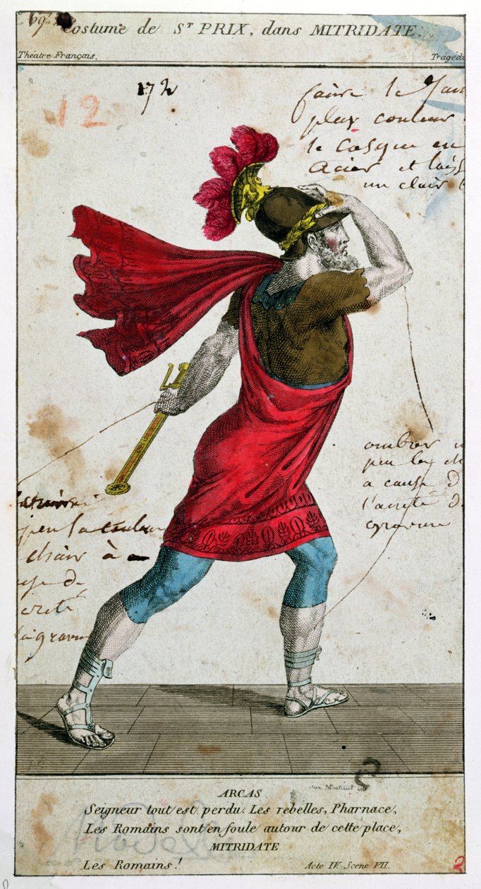 Kostyme til Saint-Prix i tragedien Mithridate av Racine, 1700-1800-tallet (fargegravering) av French School