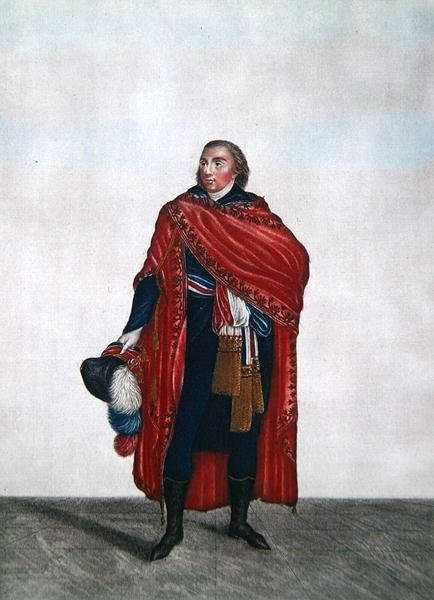 Kostyme til en representant for folket under Directoire-perioden, ca. 1797 (farget gravering) av French School