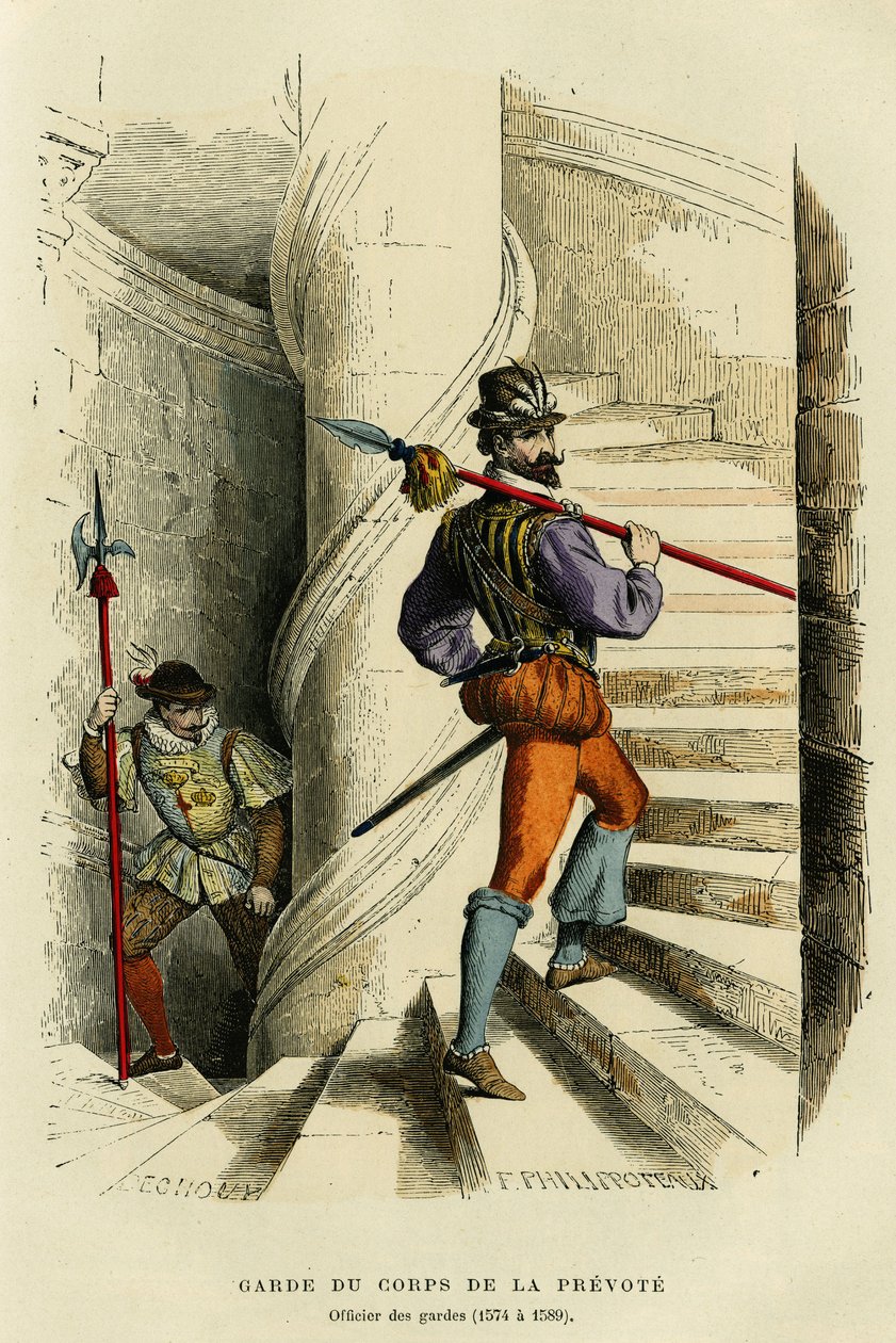 Kostyme til livvakten til prevoten, etterfulgt av en offiser av vaktene (1574 a 1589). Fargegravering, i «France et les francais a travers les siecles»» av Augustin Challamel, F.Roy-redaktør, Paris 1882. Selva-samlingen. av French School