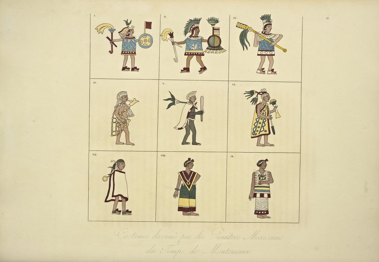 Kostymer designet av de meksikanske malerne fra Montezumas tid, illustrasjon fra Views of the Cordilleras and Monuments of the Urbefolkningen i Amerika av Alexander von Humboldt og Aime Bonpland, 1 av French School