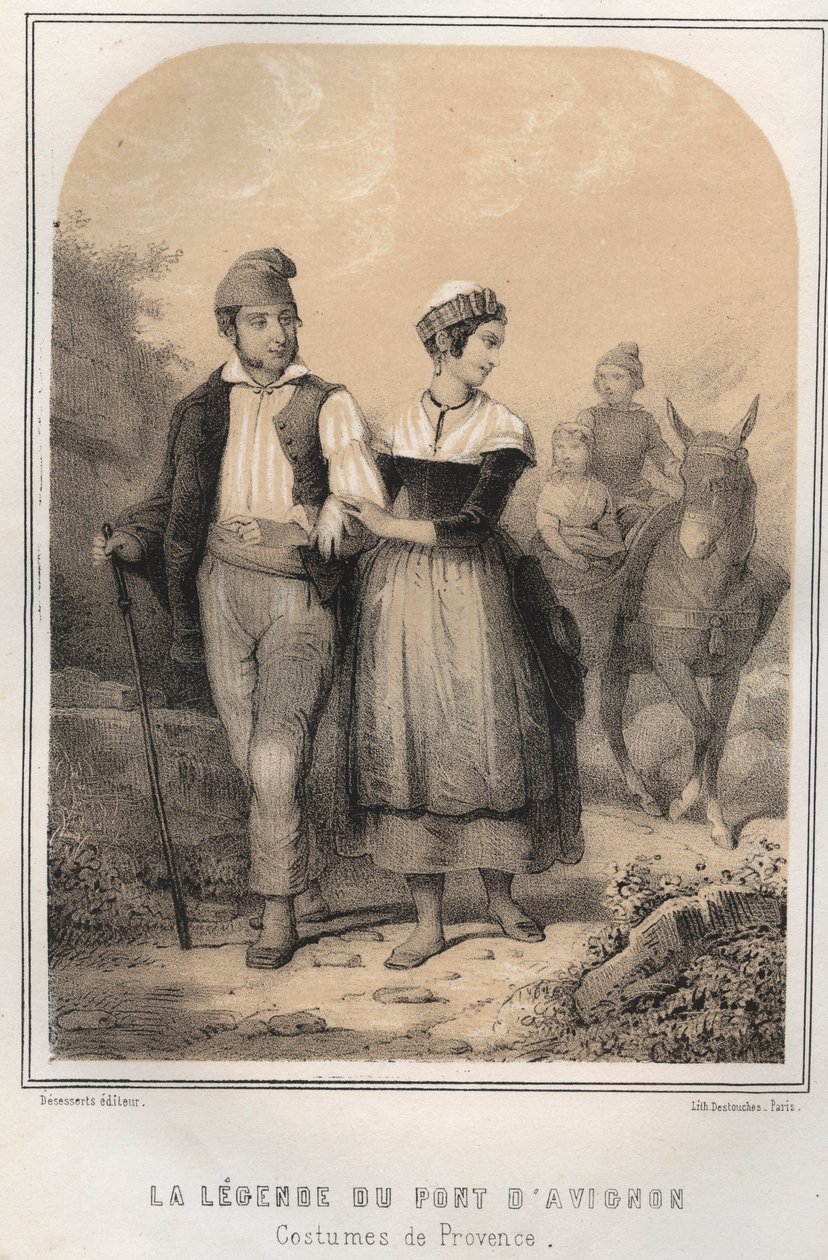 Costumes de Provence - legenden om broen i Avignon - gravering i "THE SOURIES OF MON ONCLE MEMORIES ET RECITTS DE Voyages" av MORING MICHEL - Slutten av 1800-tallet av French School