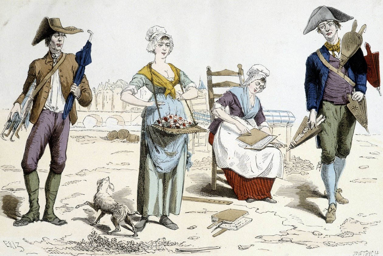 Kostymer fra Paris gjennom århundrene. Illustrasjon av klær fra 1700-tallet: kjøpmann av paraplyer, blomster, madrasspapp og belghandler. av French School
