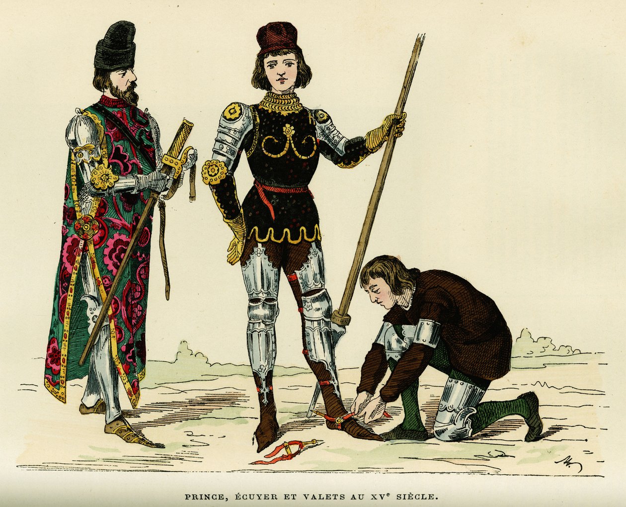 Kostymer til prinsen, av hans ecus og hans betjent, på 1400-tallet. Fargegravering, i «France et les francais a travers les centuries»» av Augustin Challamel, F.Roy-redaktør, Paris 1882. Selva-samlingen. av French School