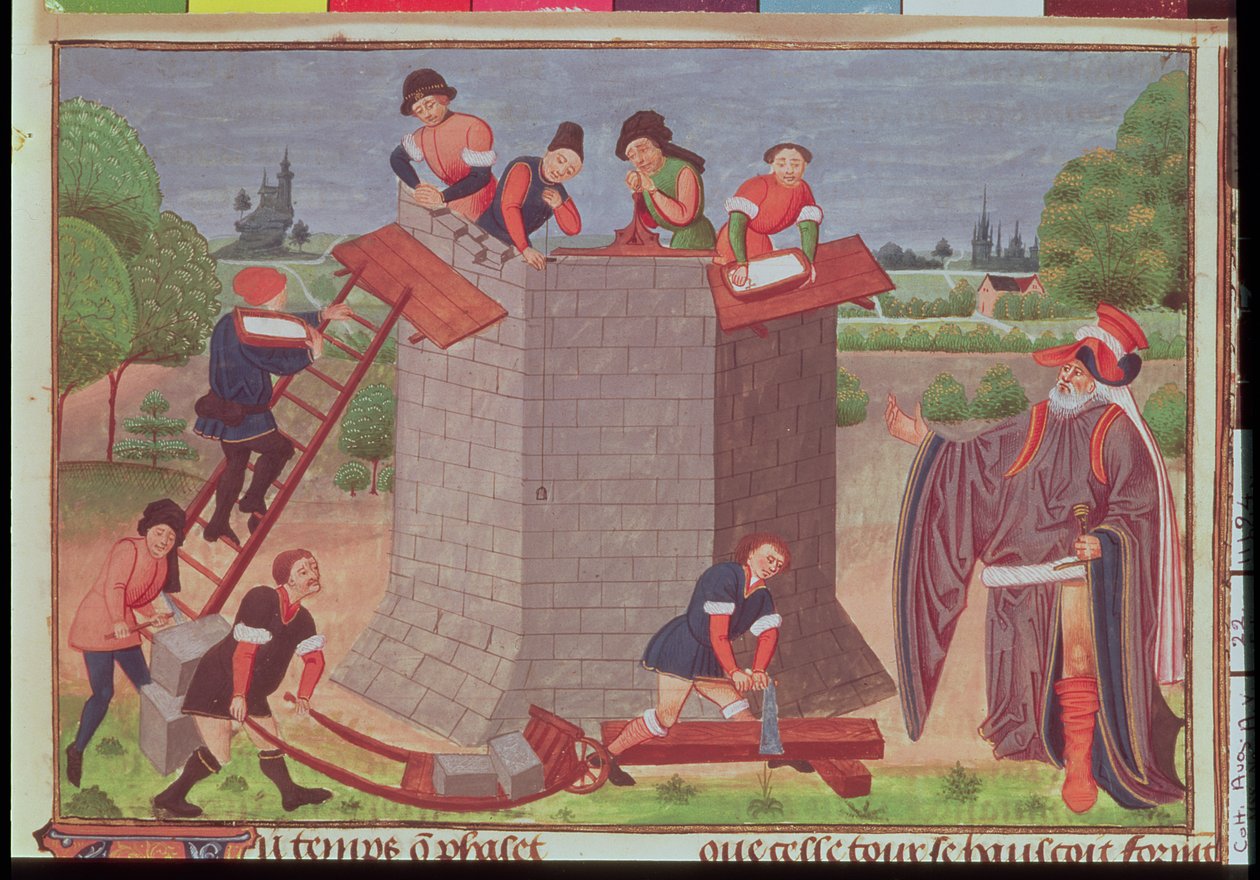 Cott Aug V fol.22 Building the Tower of Babel, miniatyr fra 