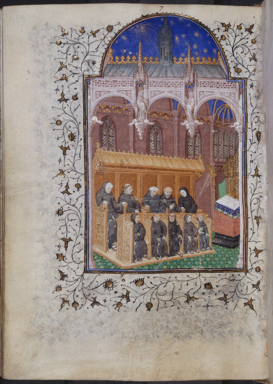 Cott Dom A XVII f.122v Svartkledde munkebrødre synger i et kor, fra Henrik VIs Psalter, Paris, ca. 1420 (vellum) av French School