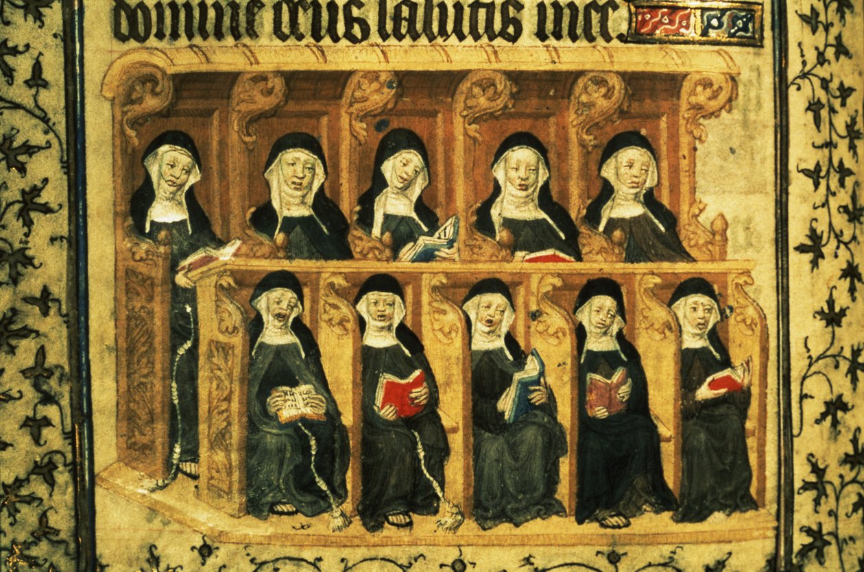 Cott Dom A XVII f.74v Nonner i en korbod, fra Henrik VIs Psalter, Paris av French School