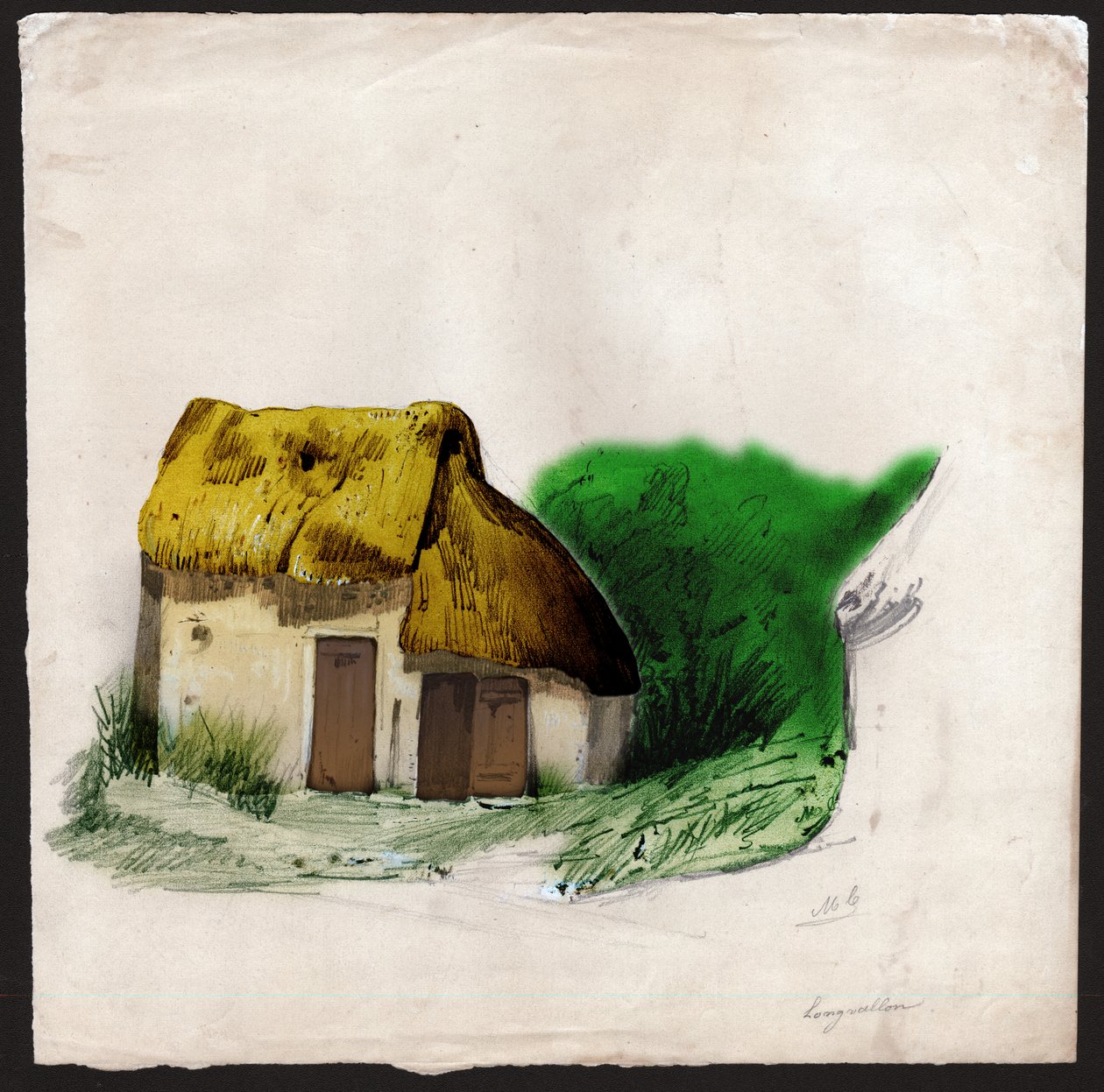 Hytte i Frankrike. (Tegning, ca. 1830) av French School