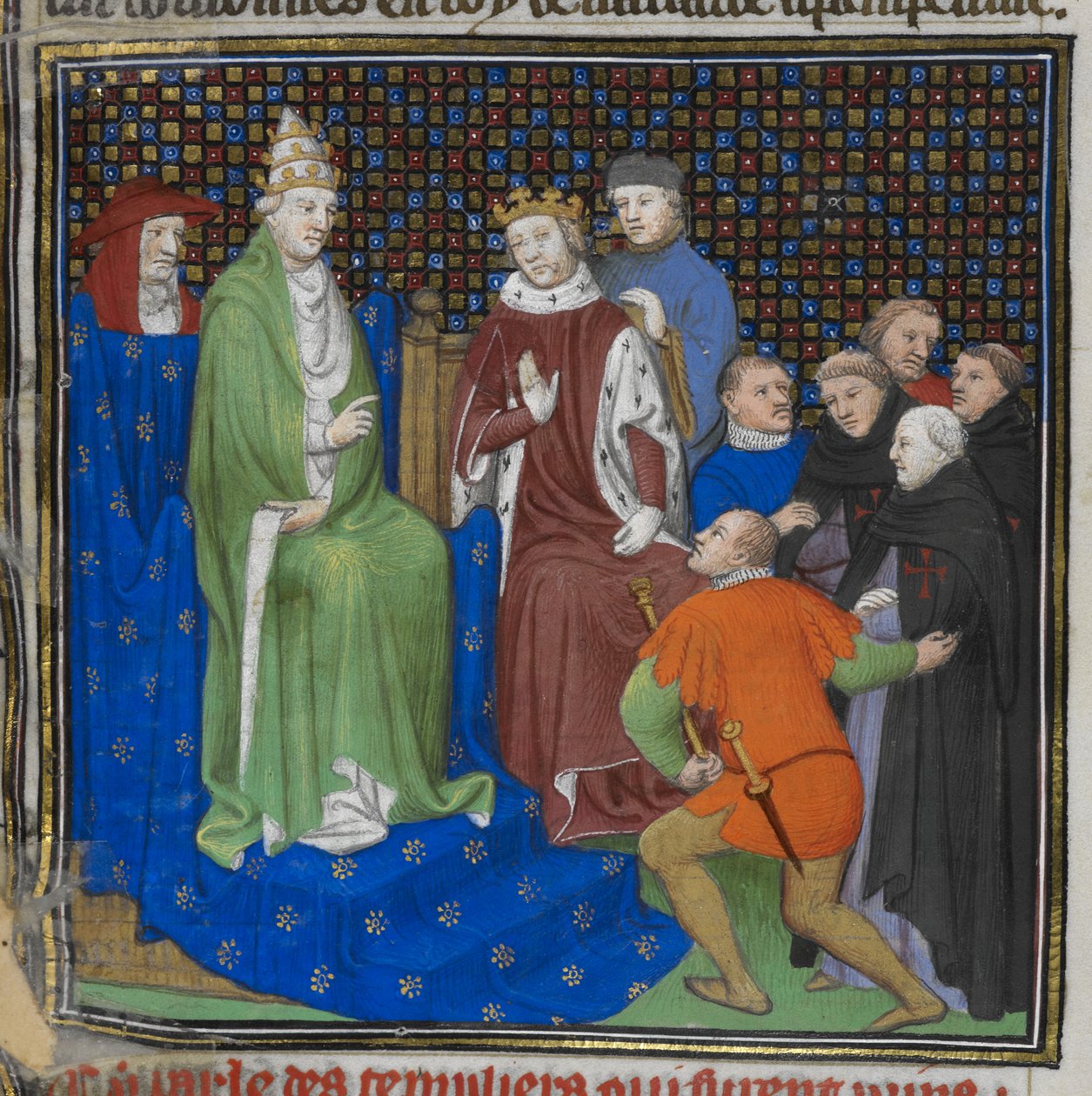 Cotton Nero E II pt2 fol.100v Tempelherrene før Philippe IV (1268-1314) og pave Clement V (ca. 1260-1320), fra 