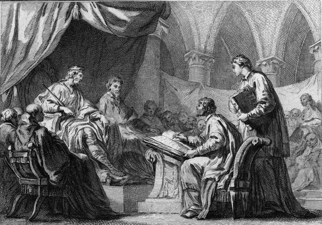 Council of Orleans, 511: Clovis I (466-511), King of the Francs, attending the Council which established cooperation between the kings of France and the Catholic Church. Engraving of the 18th century. av French School