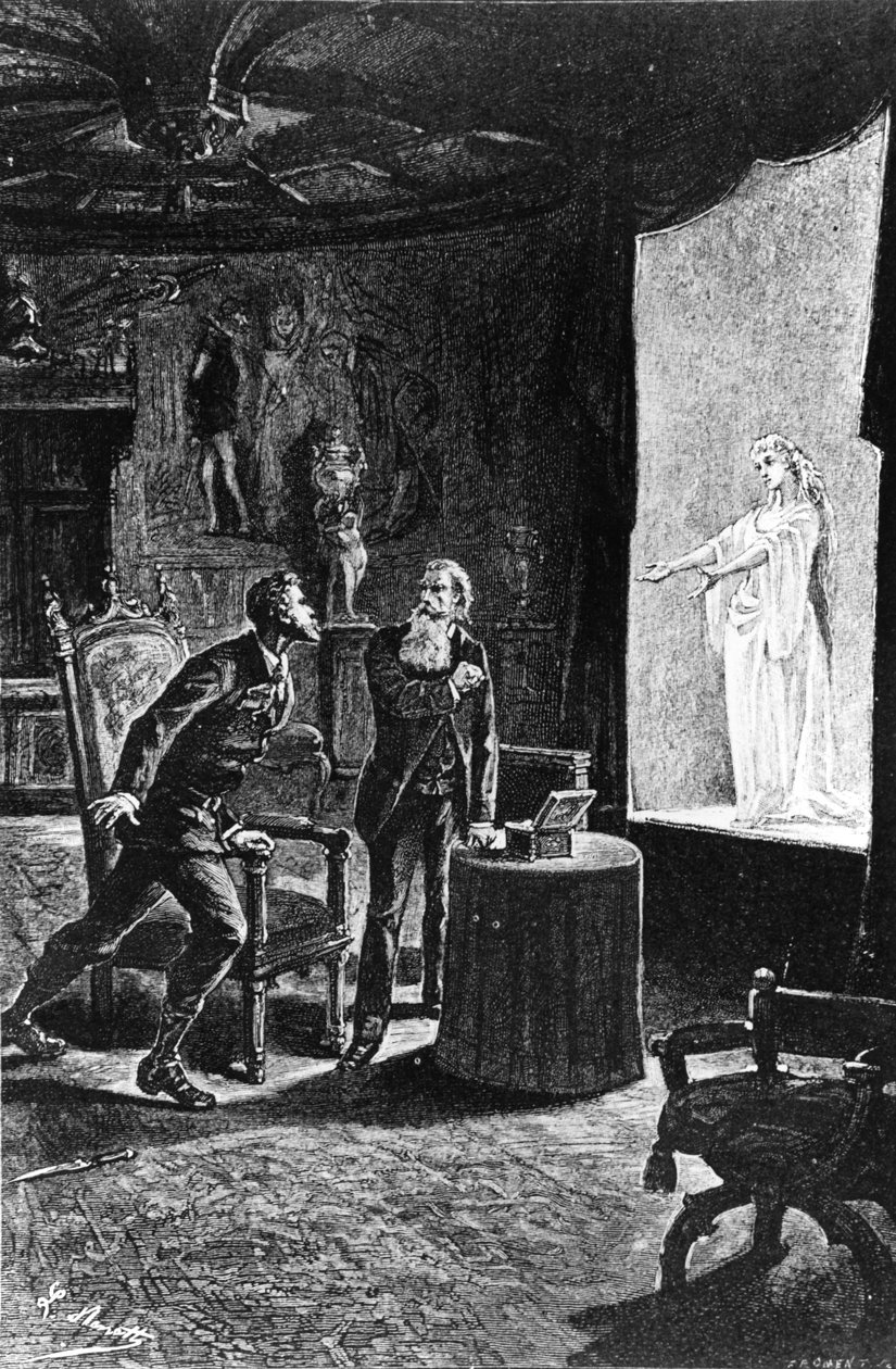 Grev Franz de Telek tror han ser sin tidligere elsker La Stilla, illustrasjon for The Carpathian Castle av Jules Verne, utgitt av Hetzel, 1892 av French School