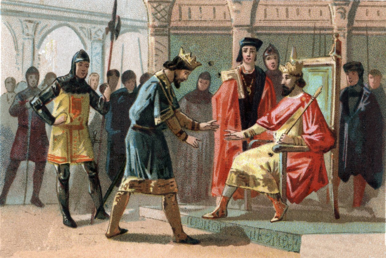 Count Louis de Crecy, threatened by the inhabitants of Kortrijk, asked for help from the King of France Charles Le Bel (1294-1328). Chromolithography around 1890. av French School