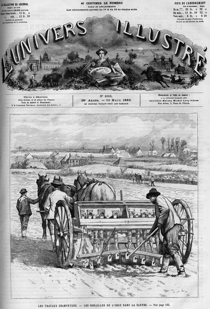 Landsarbeid: såing av bygg i Sarthe. En avis. Gravering i “” Le Monde Illustré””, 13. mars av French School