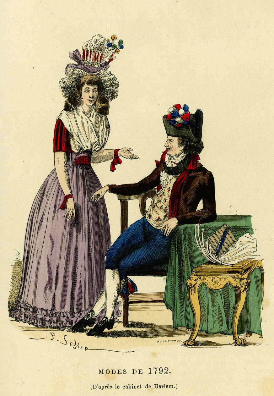 Par i mote fra 1792. Fargegravering etter tegningen av Harlems kabinett, i “France et les francais a travers les siecles”” av Augustin Challamel, F.Roy-redaktør, Paris 1882. Selva Collection. av French School