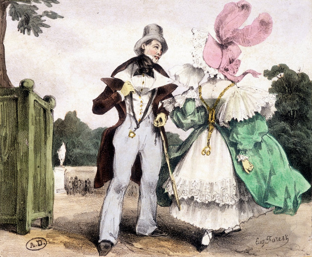 Par gående, tegning av Guy Forest, cirka 1829. av French School