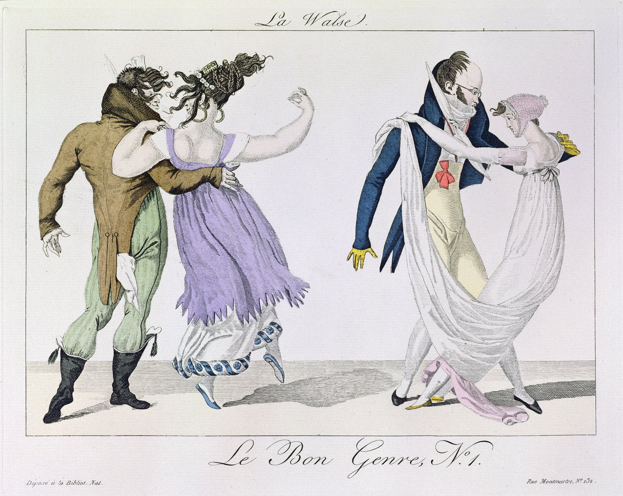 Par danser valsen, fra Le Bon-sjangeren, ca. 1810 av French School
