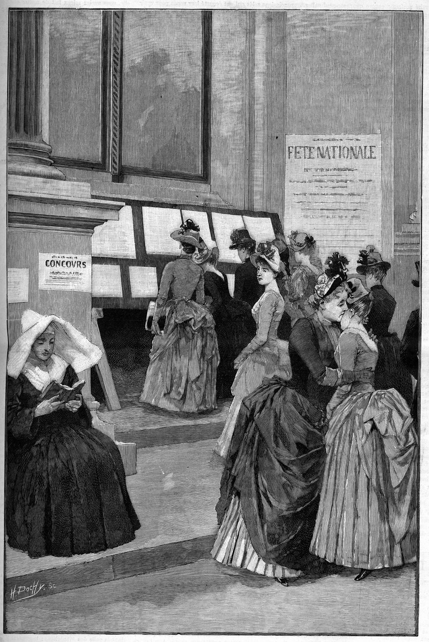 Cour des Tuileries: Resultatene av opptaksprøvene på Hotel de Ville de Paris for unge jenter i 1887. av French School