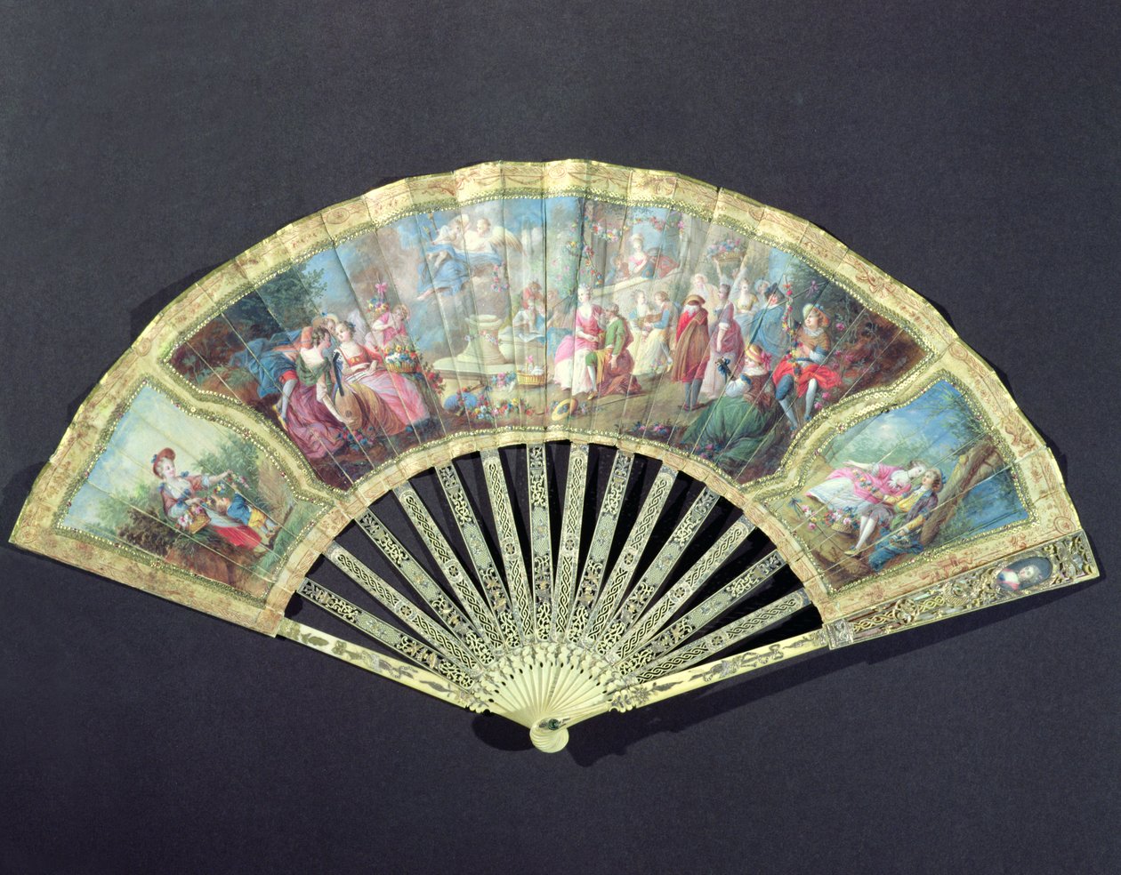 Court Fan, fransk, 1700-tallet (elfenben og wc på papir) av French School