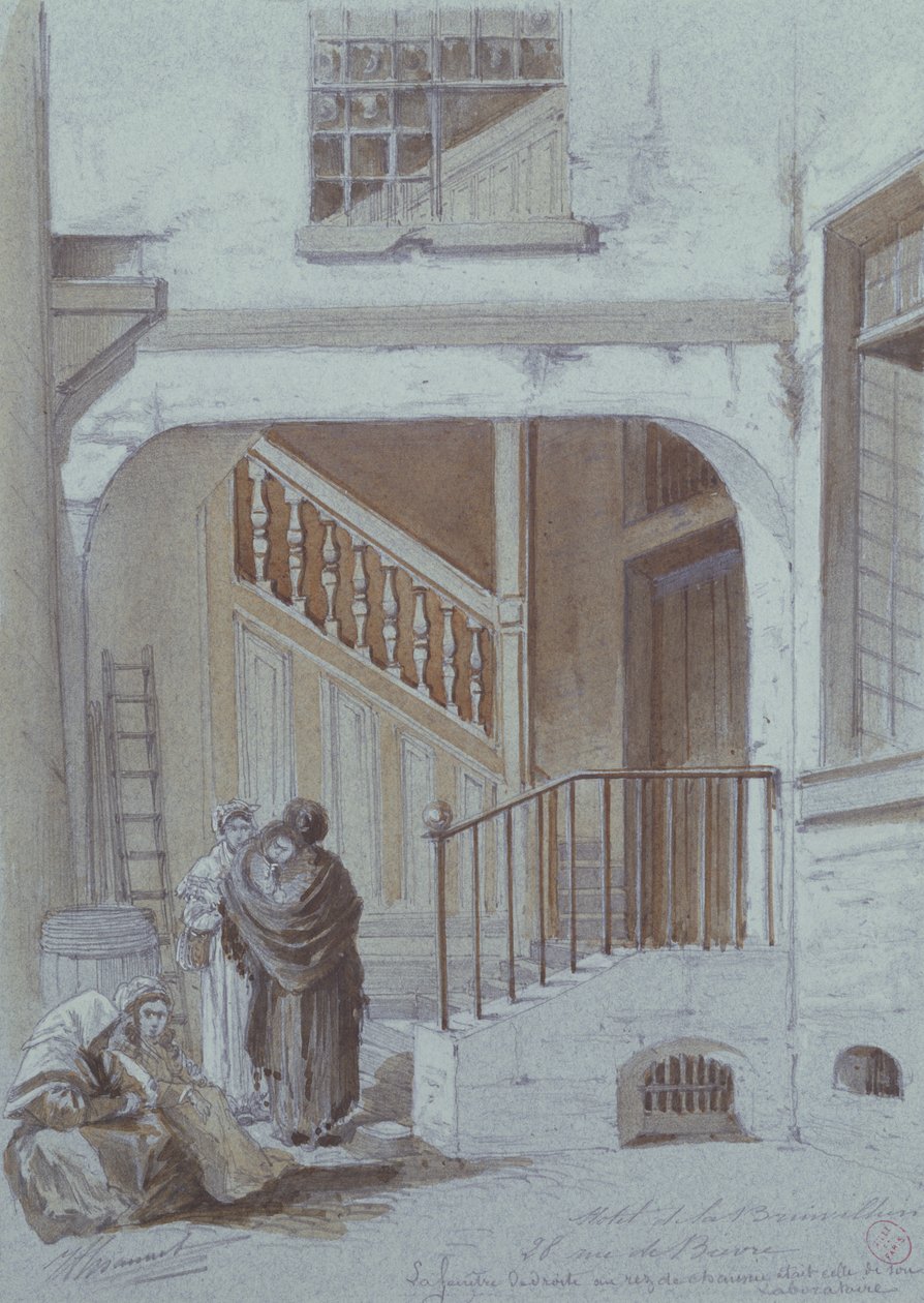 Gårdsplass og laboratorium til Marquise de Brinvilliers, 28 rue de Bievre, Paris (kritt og gouache på papir) av French School