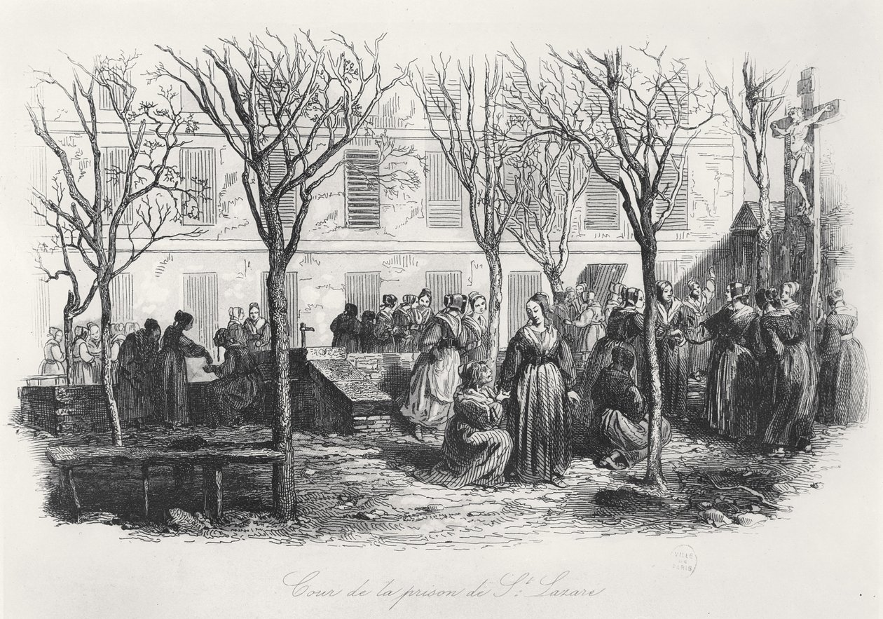 Gårdsplassen til Paris St. Lazare fengsel, ca. 1840 av French School