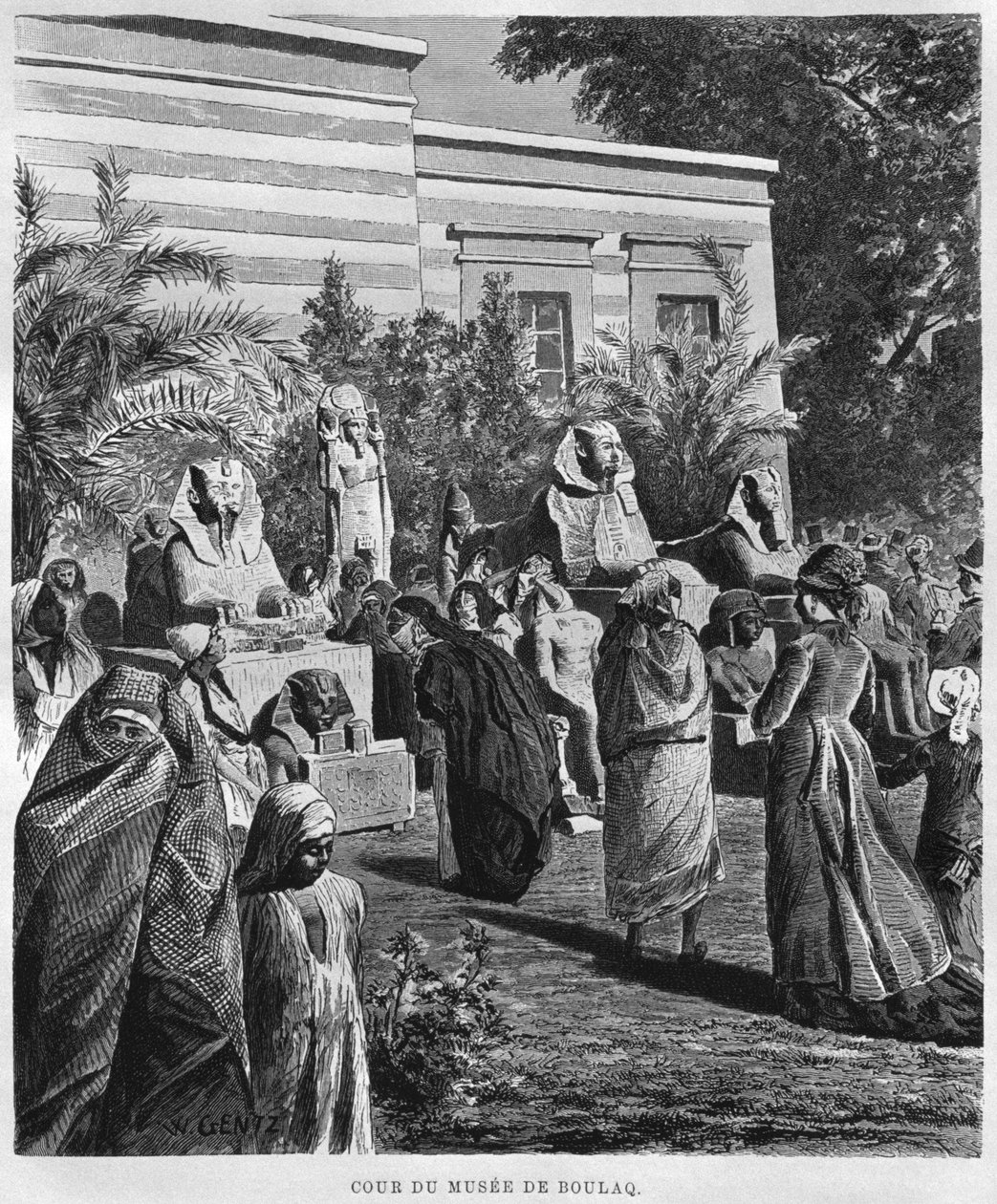 Gårdsplassen til museet, Bulaq, fra LEgypte av Georg Moritz Ebers (1837-98), 1881 (bw gravering) av French School