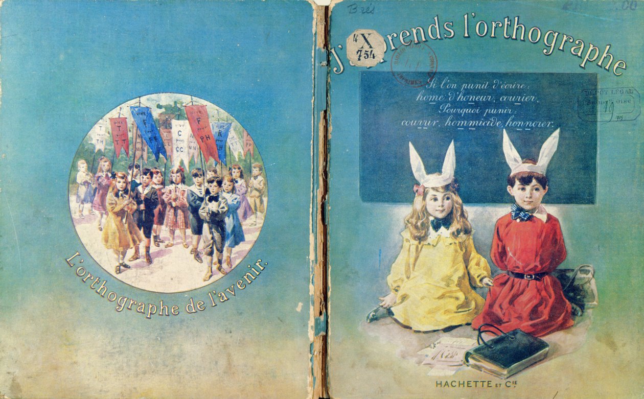 Omslagsillustrasjon og bakside av en fransk skolebok om skriving, utgitt av Hachette i Paris, 1905 av French School