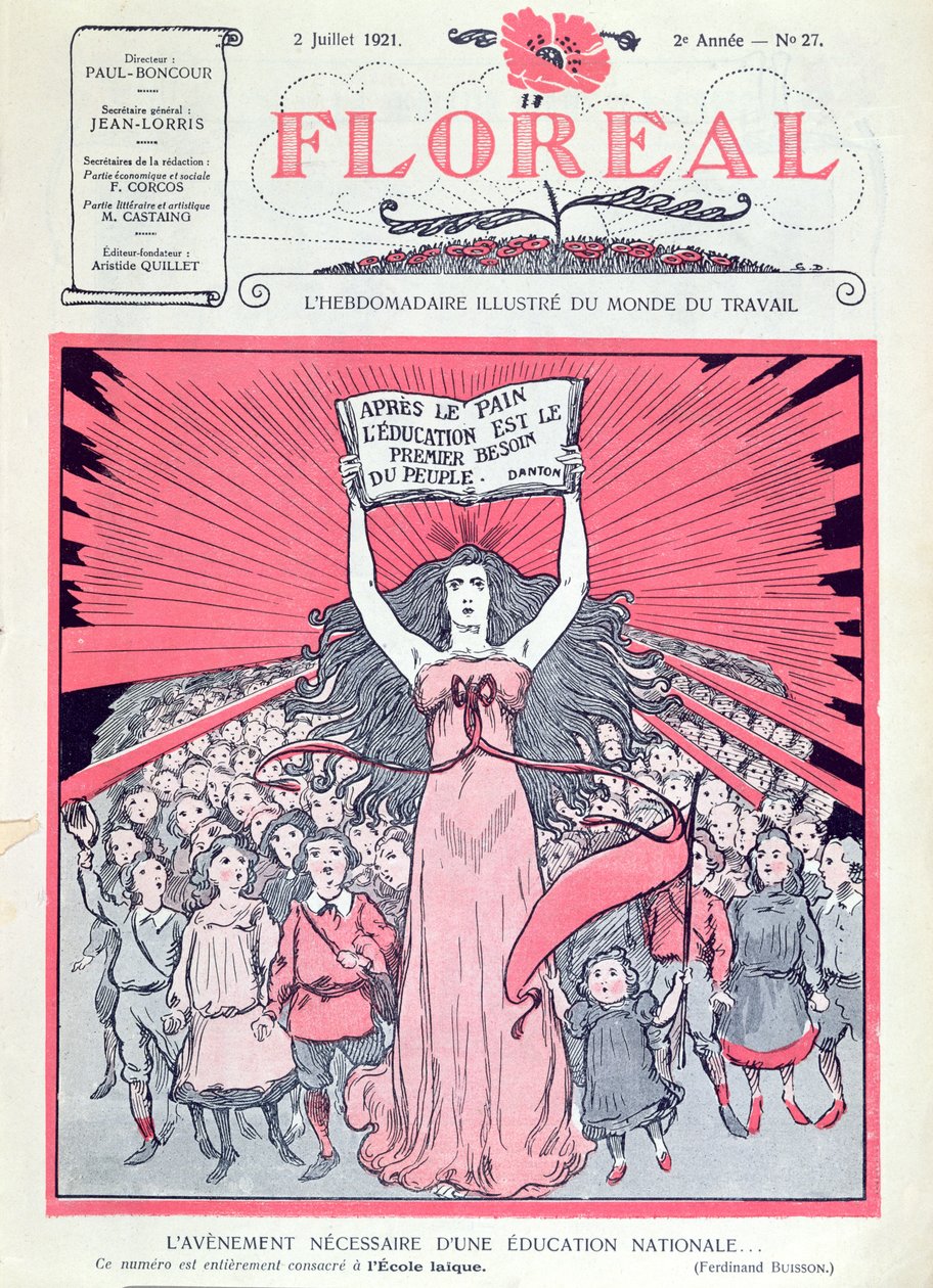 Forside av magasinet Floreal som feirer førtiårsjubileet til Ecoles Laiques i Frankrike, 2. juli 1921 av French School