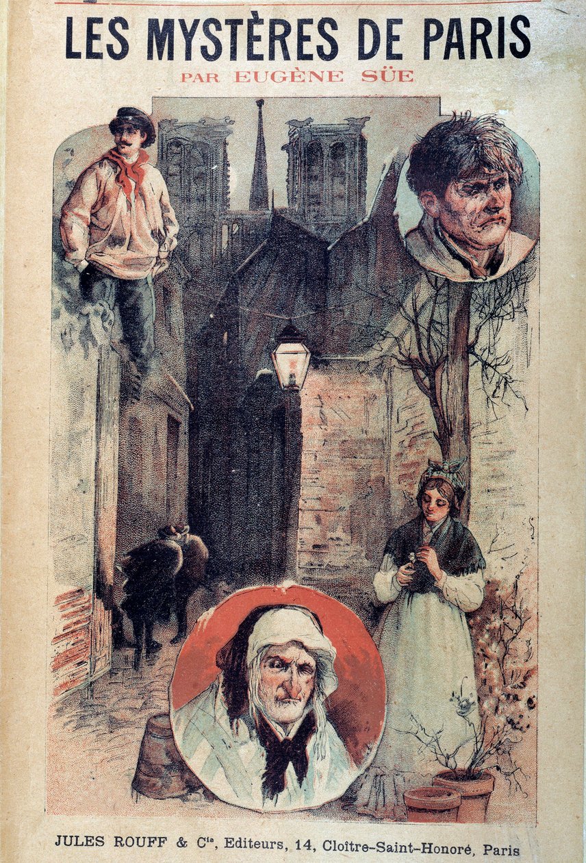 Cover av "" Les mysteres de Paris"" av Eugene Sue (1804-1857), utsikt over en parisisk bakgate og karakterer av French School