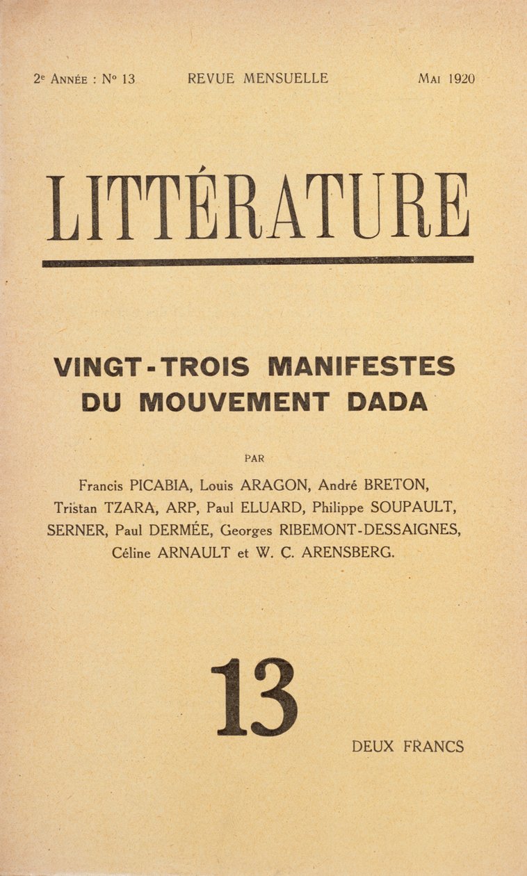 Cover of Literature månedlig litterært magasin viet Dada-bevegelsen, mai 1920 av French School