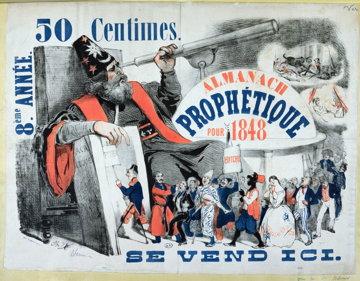 Omslag til en profetisk almanakk som viser Nostradamus (1503-66) 1848 av French School