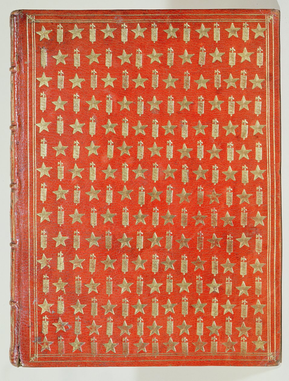 Omslag til en bok eid av kardinal Mazarin, med etterbehandlingen som viser kardinalenes emblemer av stjerner og faser, 1644 (lær og forgylling) av French School
