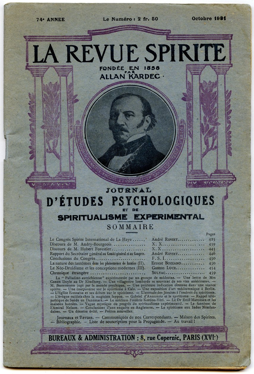 Forside av en rekke "" La revue spirite "", portrett av grunnlegger Allan Kardec, magasin fra oktober 1931 av French School