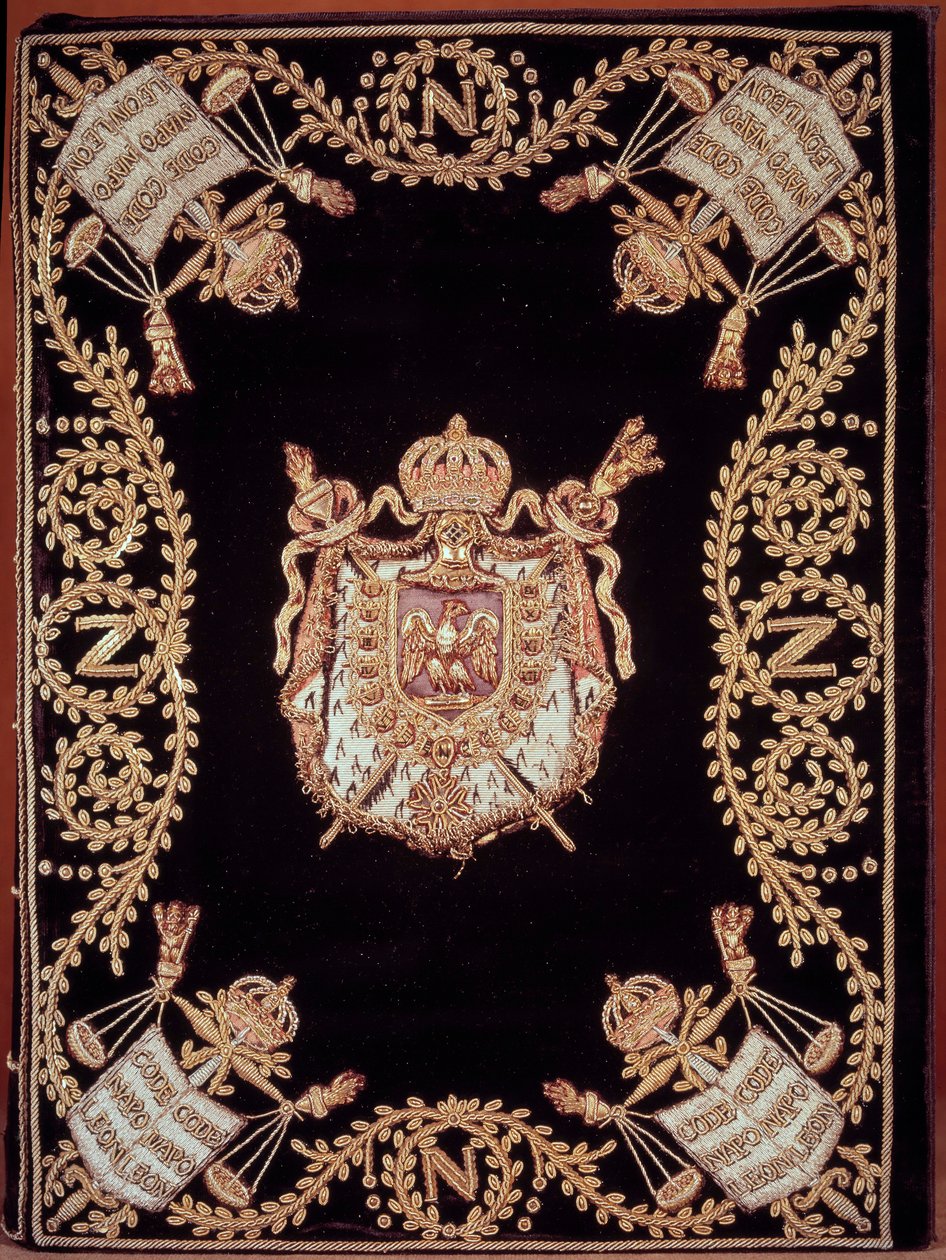 Omslag til en av de tolv originalutgavene av "Code civil des francais"" utgitt av Napoleon Bonaparte 21.03.1804. Den er innbundet i fløyelsbroderi av gull og sølv med rettferdighetsemblem og keiserens våpen. fransk lov om borgerrettigheter. B.N av French School