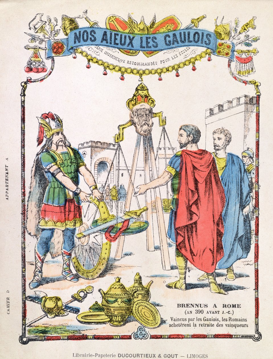 Omslag til skoleoppgavebok som viser legenden om Brennus (fl. ca. 389 f.Kr.) av French School