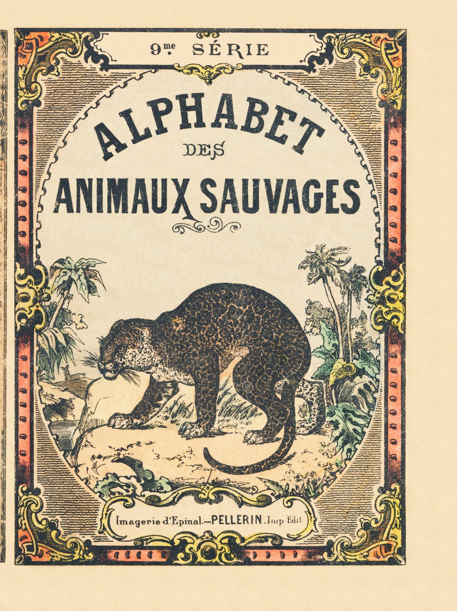 Omslag til boken "" Alphabet des animaux sauvages "". 9. serie. Bilder av Epinal, Pellerin, trykkeri-utgiver, ca. 1870. Graveringer på tre, stensilert. 16 sider. Mål: 20 x 15 cm. Privat samling av French School