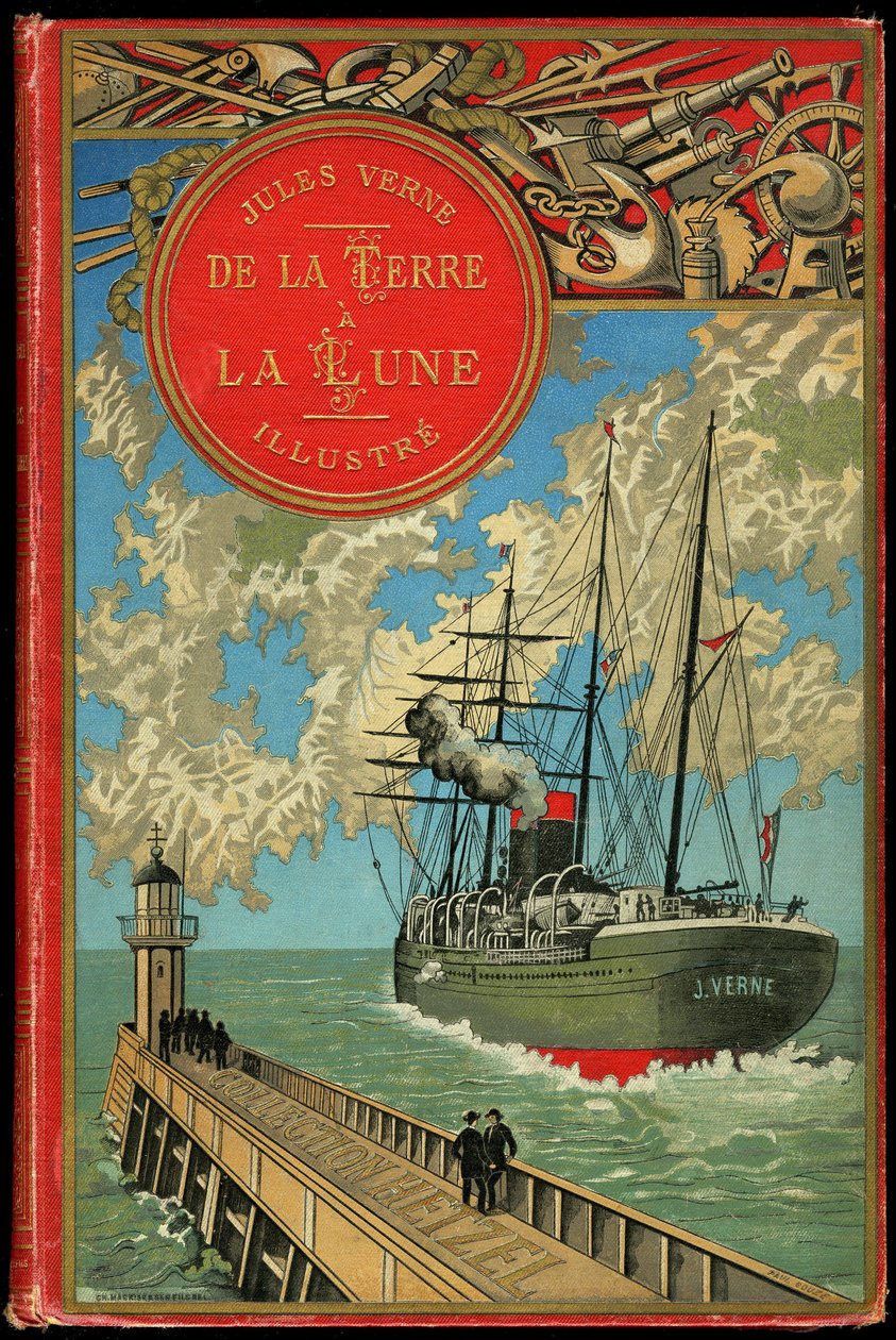 Omslag til boken "From the Earth to the Moon" av Jules Verne i 1865 (Hetzel/Extraordinary Voyages av French School