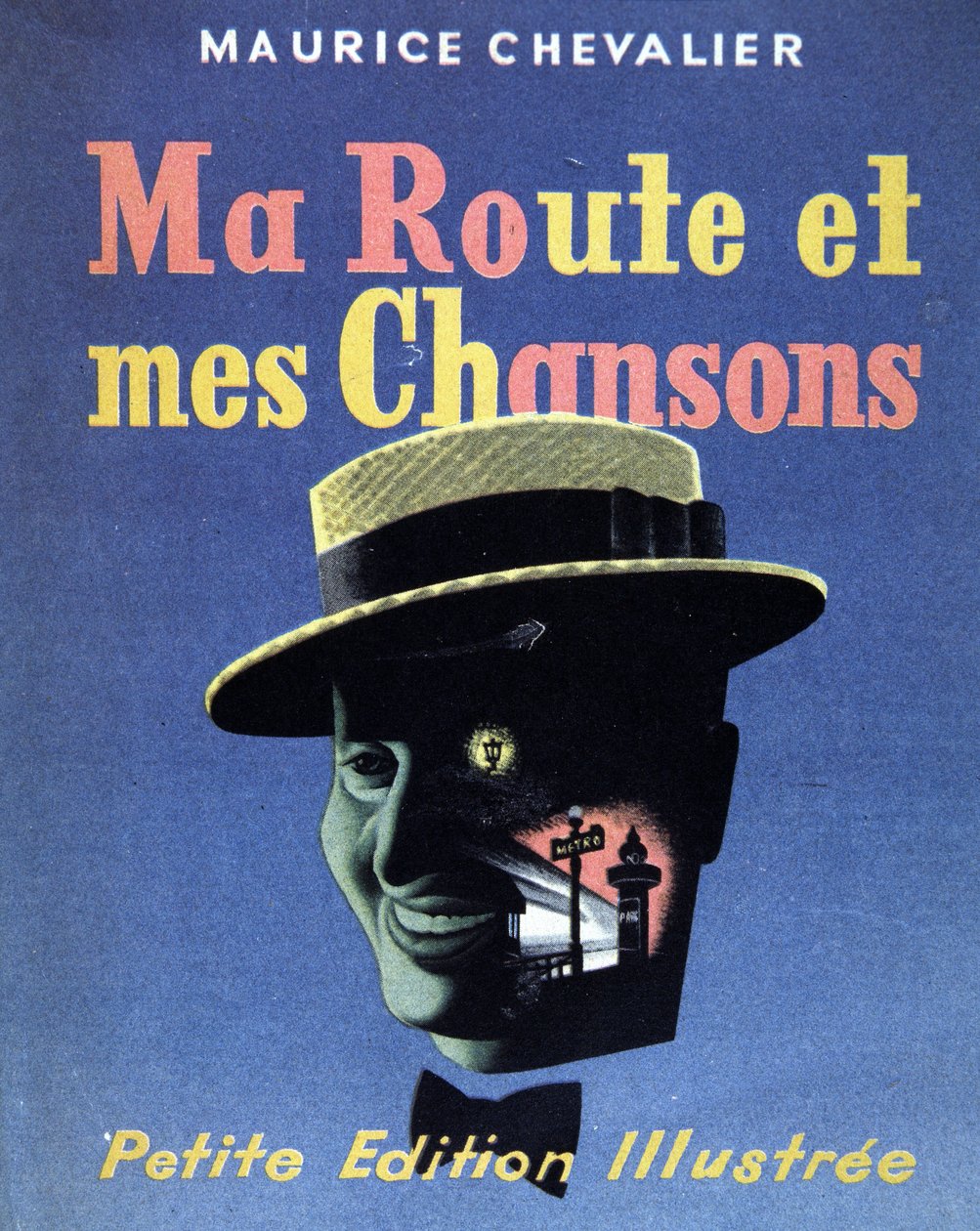 Omslag til boken «Min vei og mine sanger» av Maurice Chevalier av French School