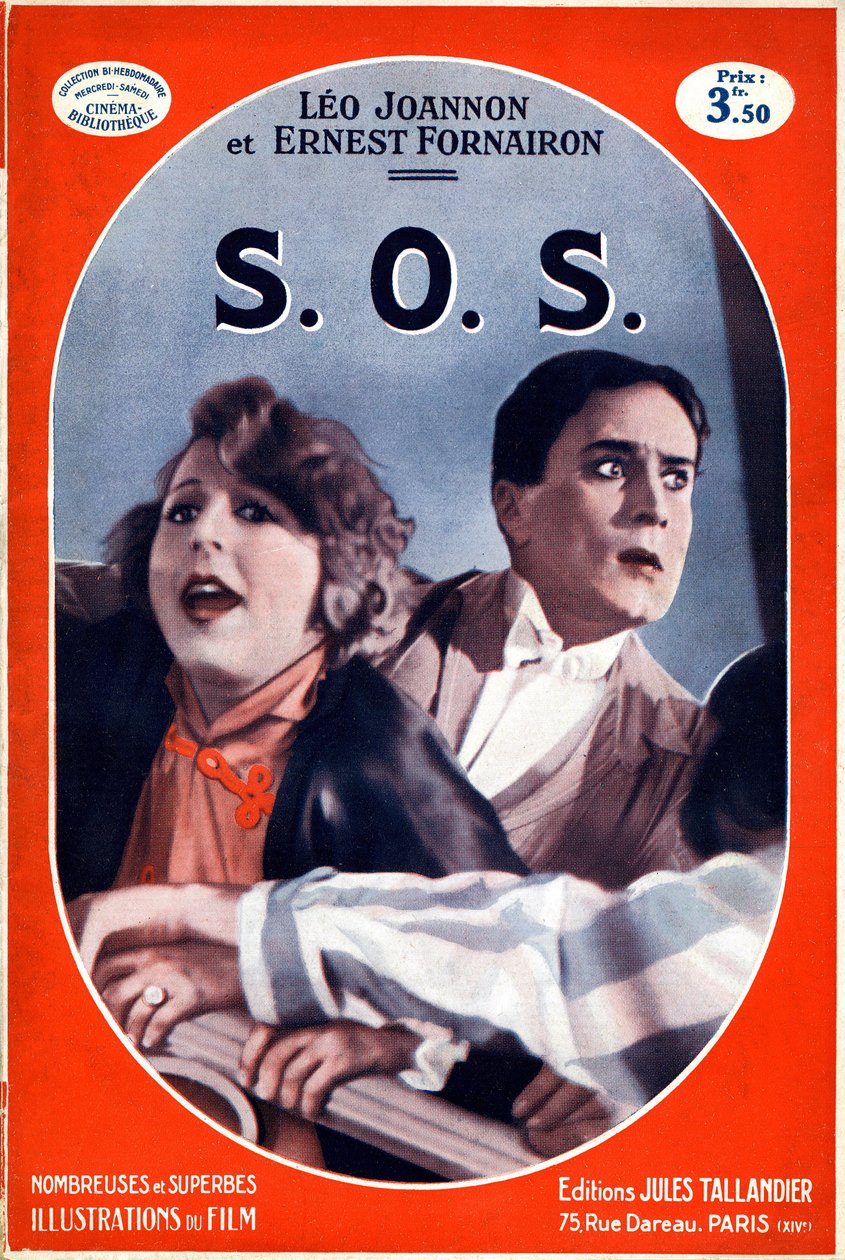 Omslag til boken S.O.S. (SOS) med et bilde av filmen med samme navn av Carmine Gallone. Illustrasjon av akronymet call for help, nødsignal fra Morse-alfabetet trådte i kraft i 1908. Edition Jules Tallandier (litho) av French School