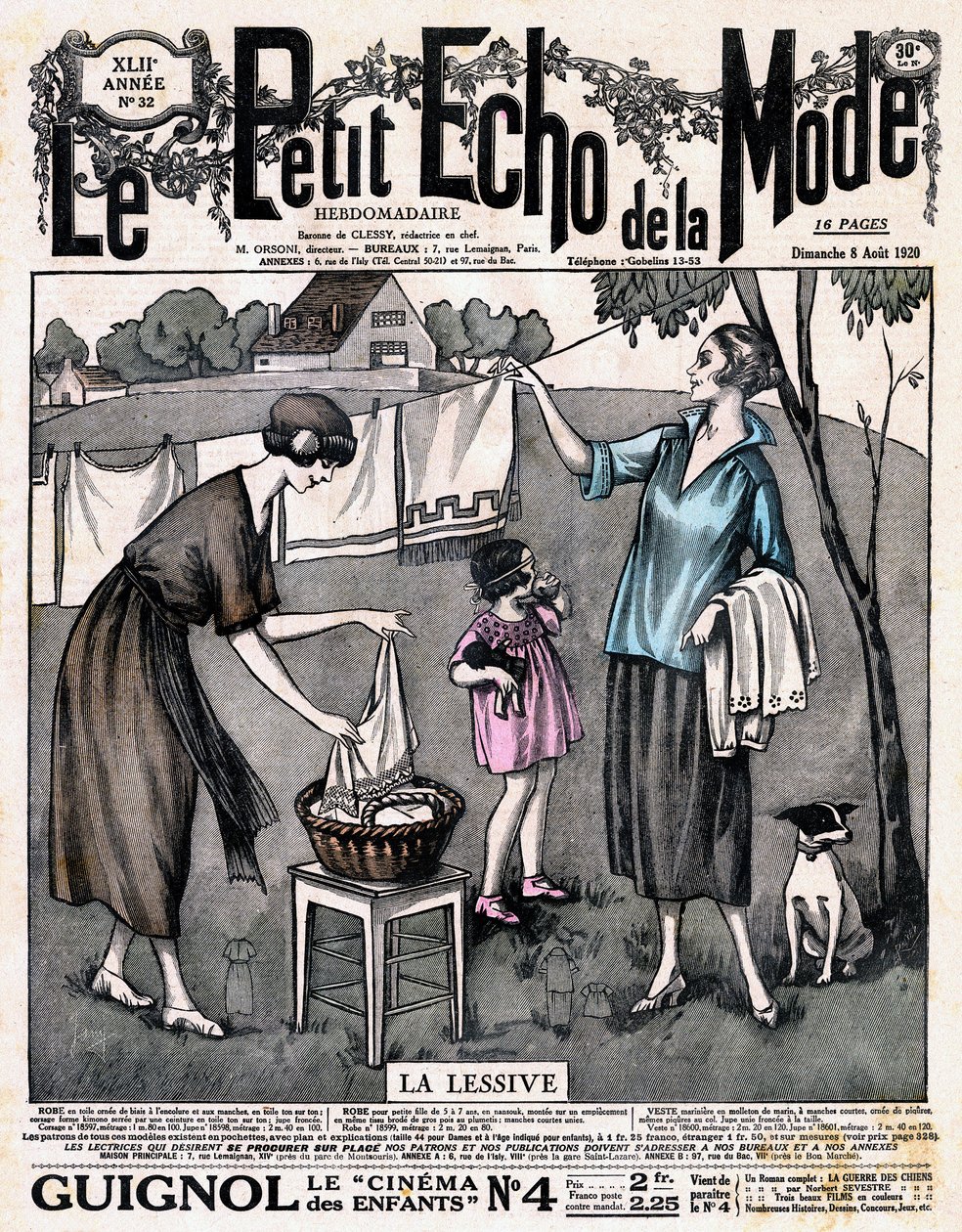 Forside av avisen "" Le petit echo de la mode "" la vaskemiddel - to kvinner med en jente og en hund spredte sengetøyet lagt til tørk på en tråd utenfor, nr. 32 av 8. august av French School