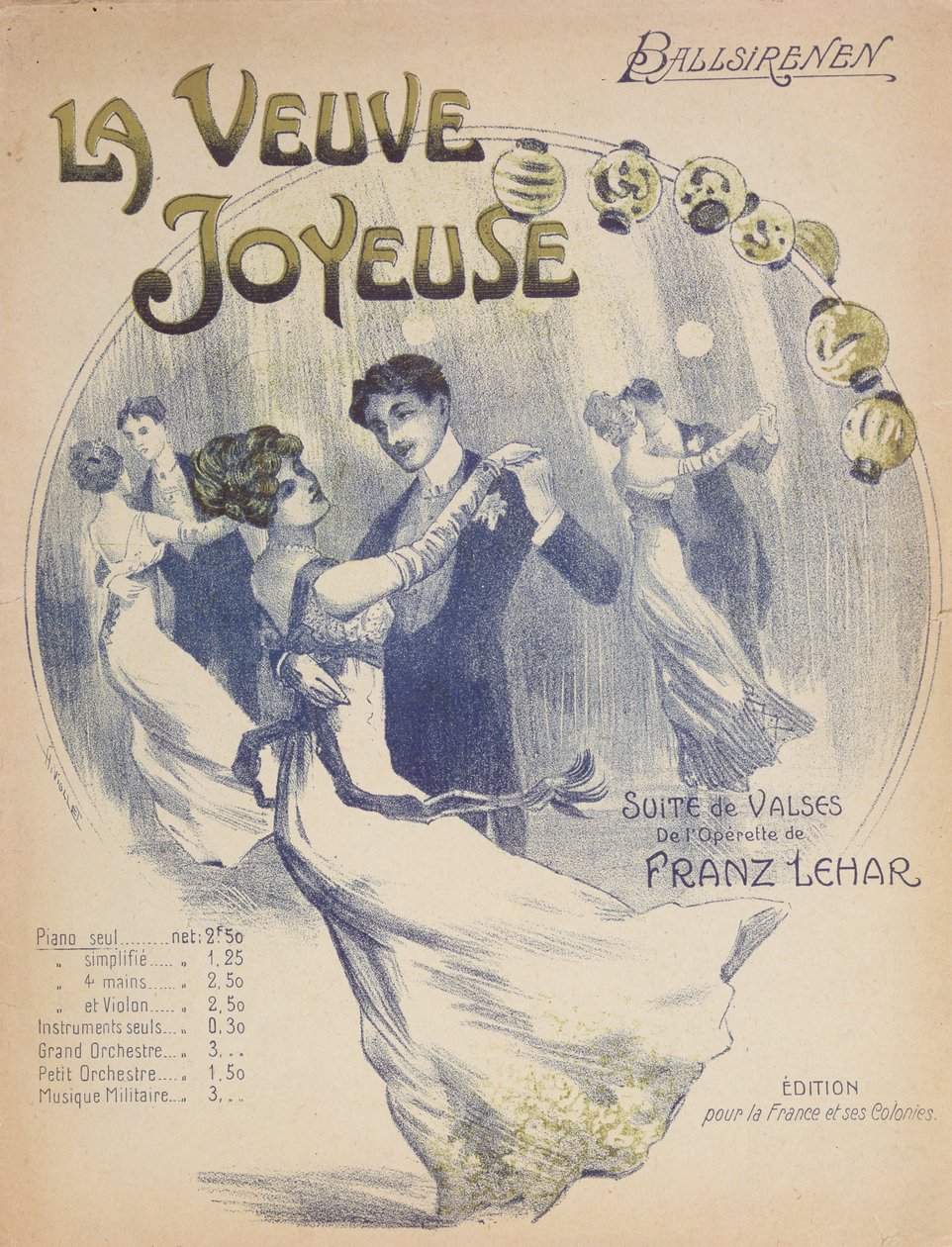 Omslag til partiturarket til La Valse Ballsirenen fra Den glade enken av Franz Lehar (1870-1948) av French School