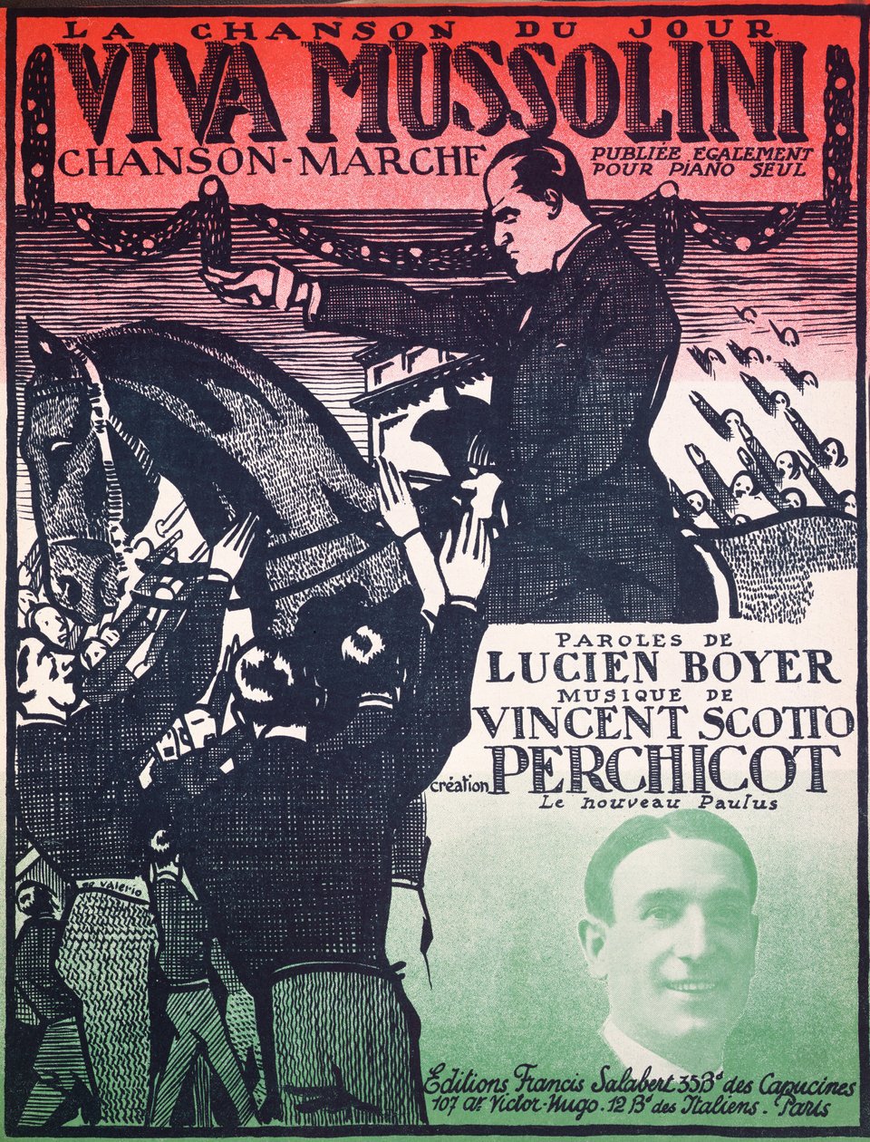 Omslag til partiturarket til Viva Mussolini av Vincent Scotto (1876-1952) og Lucien Boyer, 1920-tallet av French School