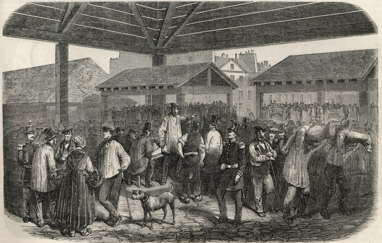 Lager slakterkjøtt på markedet i rue des Prouvaires i 1. arrondissement i Paris - Gravering i "Tableau-de-Paris"" av Edmond Texier 1852 av French School