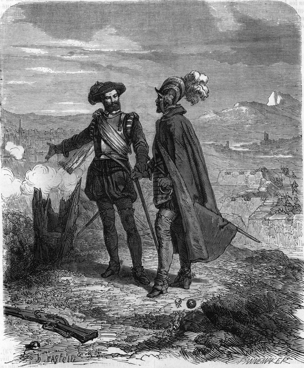 Crillon and Maximilian of Bethune, Duke of Sully, French statesman and councillor to Henry IV, during the Savoy siege (1600-1601). In “” Histoire Populaire de la France””, engraving of the 19th century. av French School