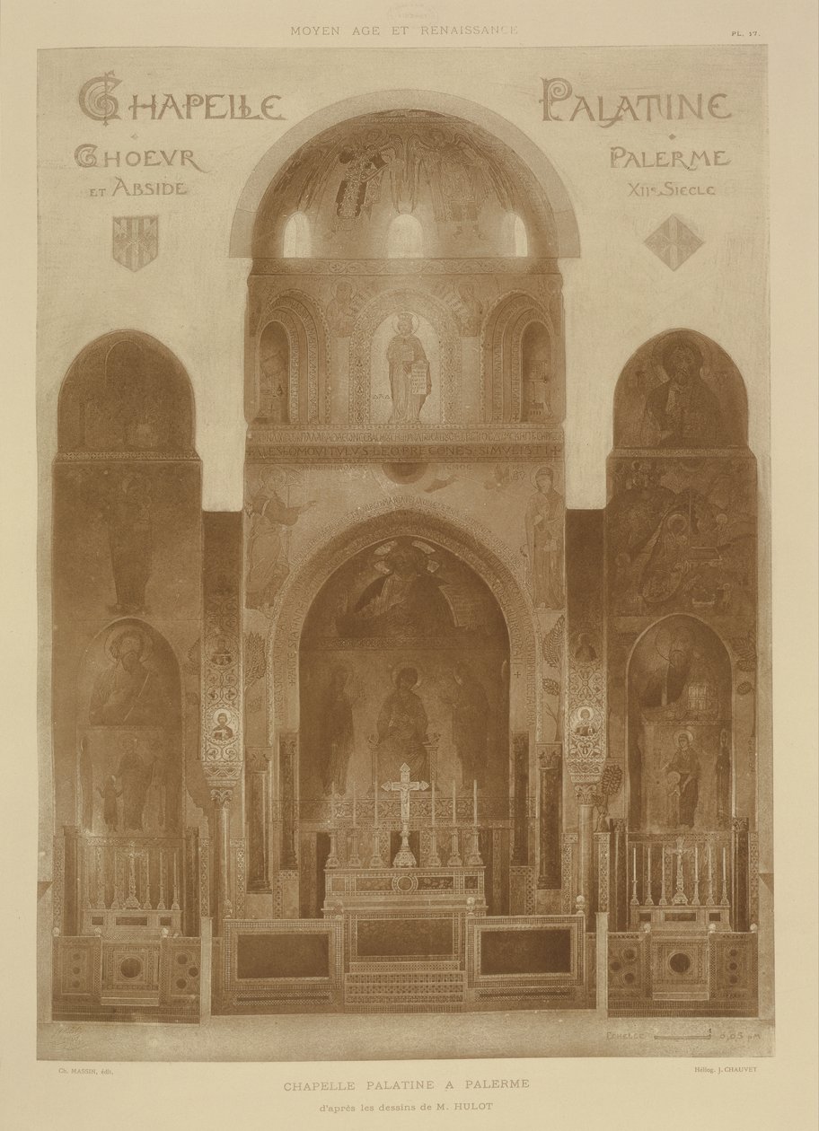 Tverrsnitt fra østenden av Palatinerkapellet, Palermo, Sicilia, fra Fragments dArchitecture du Moyen Age et de la Renaissance, gravert av Jules Adolphe Chauvet (f.1828) av French School