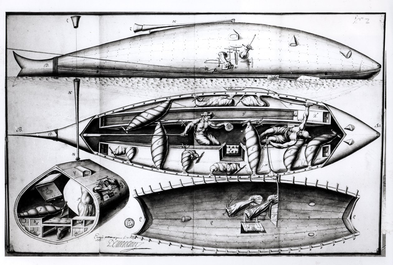 Tverrsnitt av en ubåt, fra et manuskript, mars 1689 av French School